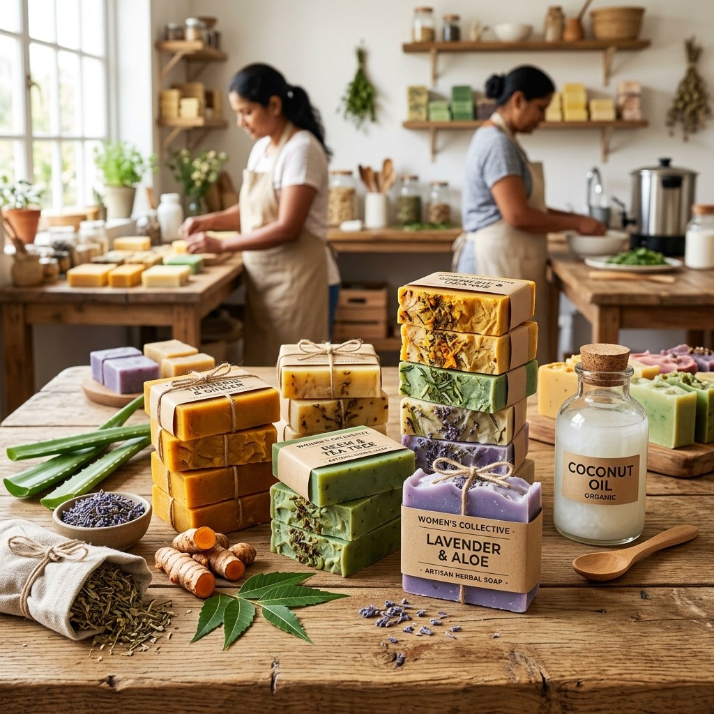 Artisanal hand-made herbal soap bars produced by women's self-help enterprise